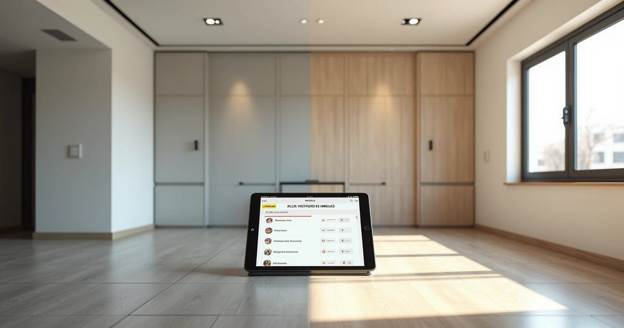 Sala dividida mostrando lado de imóvel novo e lado de imóvel usado em comparação visual