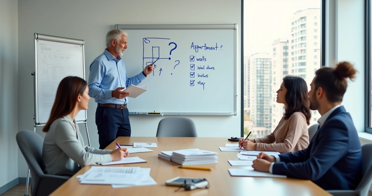 Grupo em sala de treinamento com especialista respondendo dúvidas sobre vistoria imobiliária