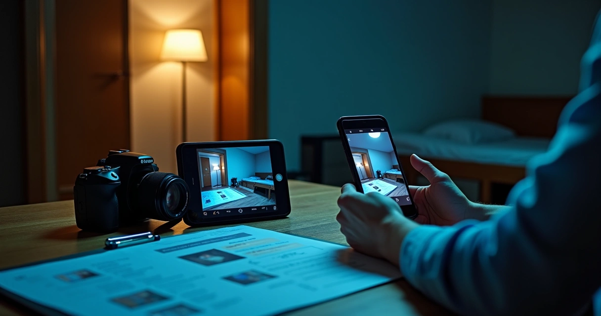 Vistoriador comparando foto escura e foto clara de quarto com pouca luz
