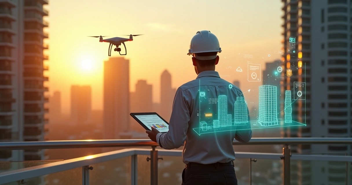 Cidade ao pôr do sol com drone inspecionando prédio e vistoriador analisando dados em tablet