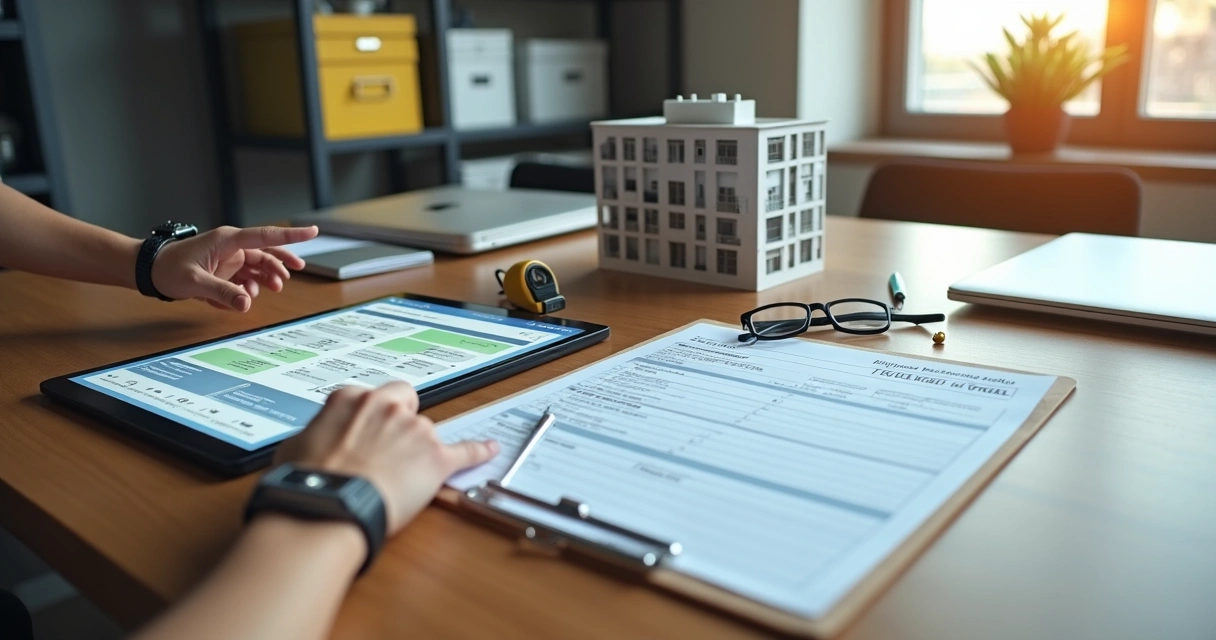 Mesa com tablet exibindo vistoria digital ao lado de prancheta com ficha de papel