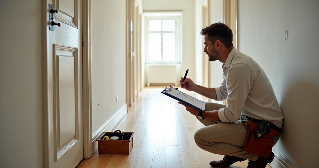 Vistoriador analisando desgastes na porta e parede de apartamento vazio