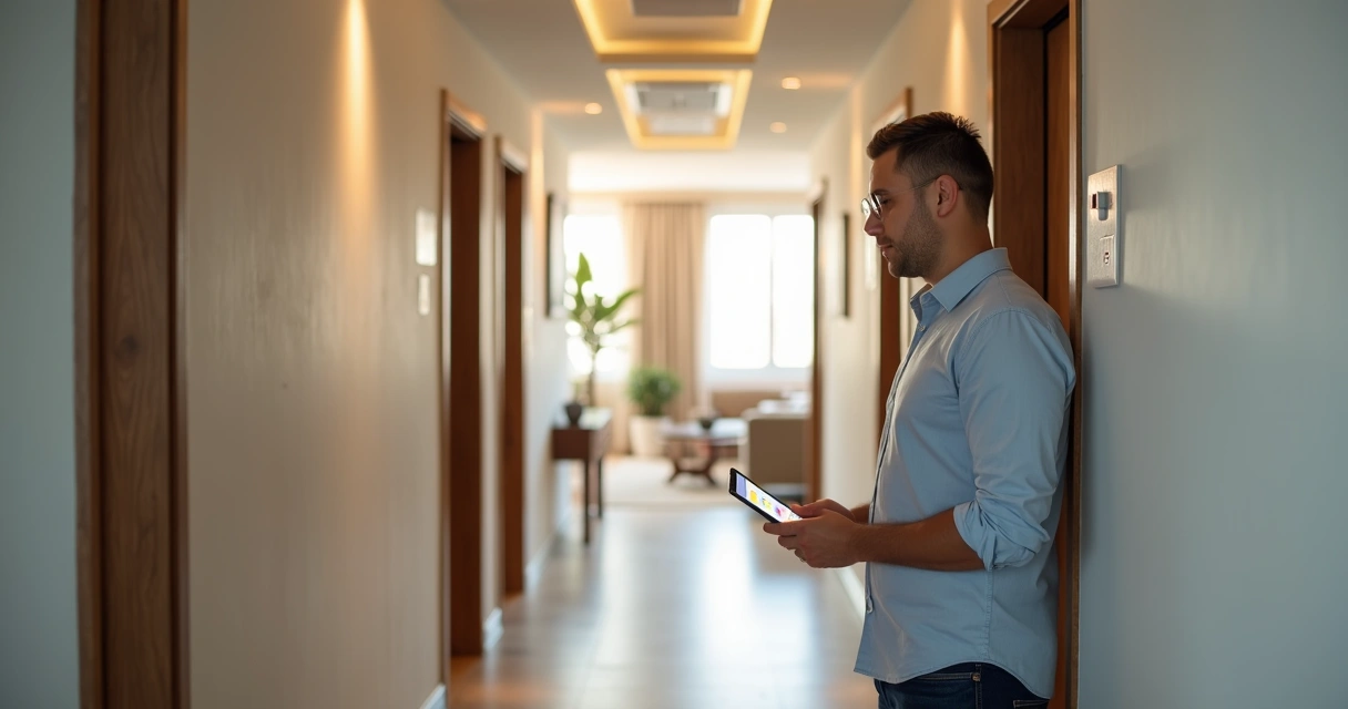 Vistoriador conferindo instalações no corredor de apartamento residencial