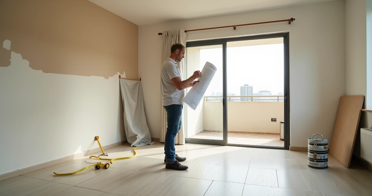 Profissional reavaliando sala de apartamento após reforma recente