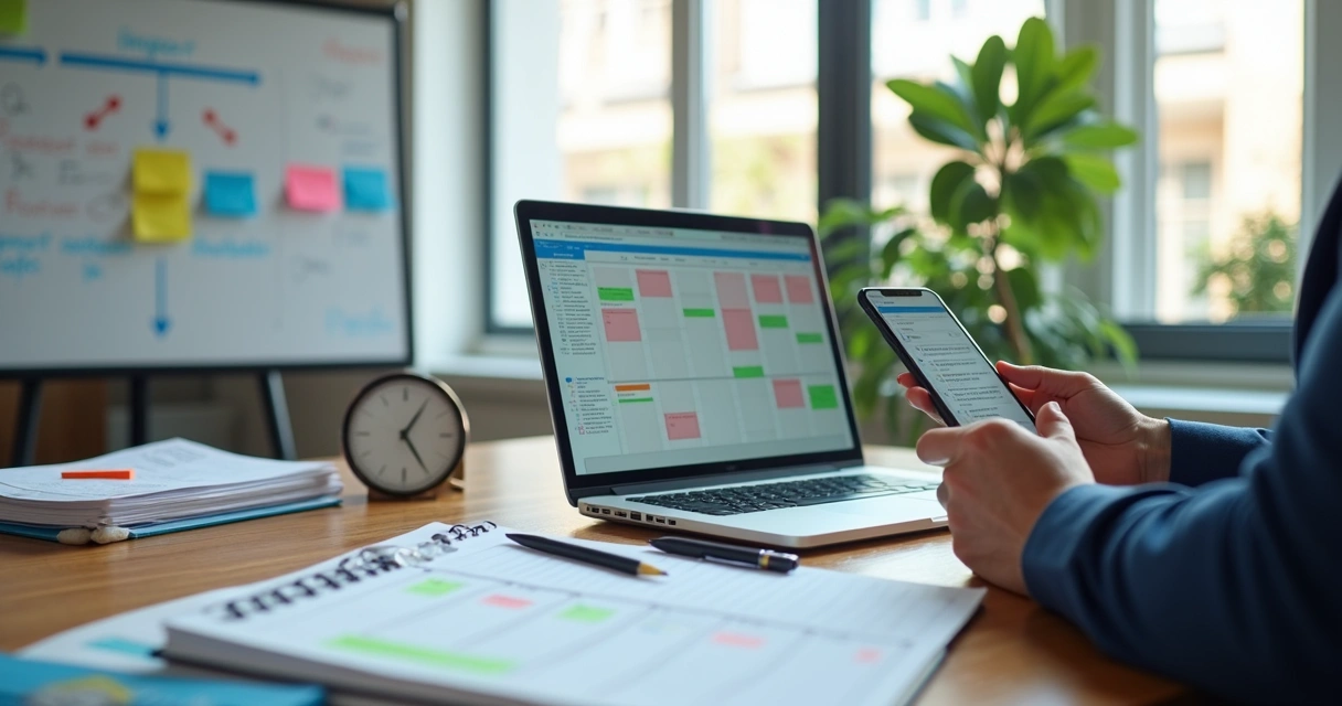 Profissional de vistoria organizando agenda de inspeções imobiliárias em mesa com laptop e calendário