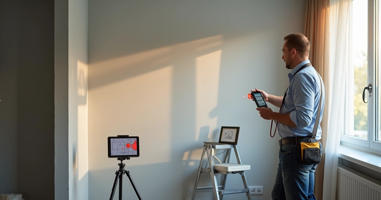 Vistoriador apontando laser para parede alterada em apartamento alugado