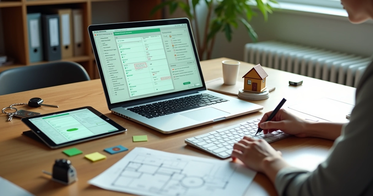 Vistoriador organizando checklist digital de vistoria imobiliária em mesa de escritório moderna