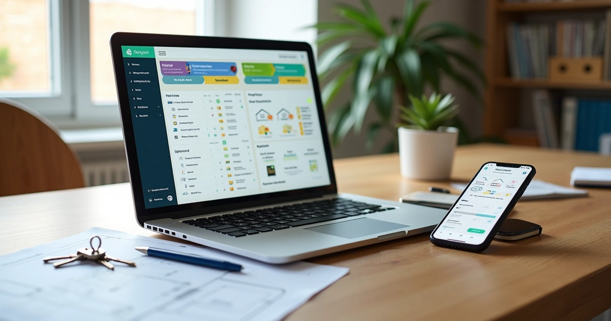 Tela de notebook exibindo comparação de aplicativos de vistoria imobiliária em ambiente de home office organizado