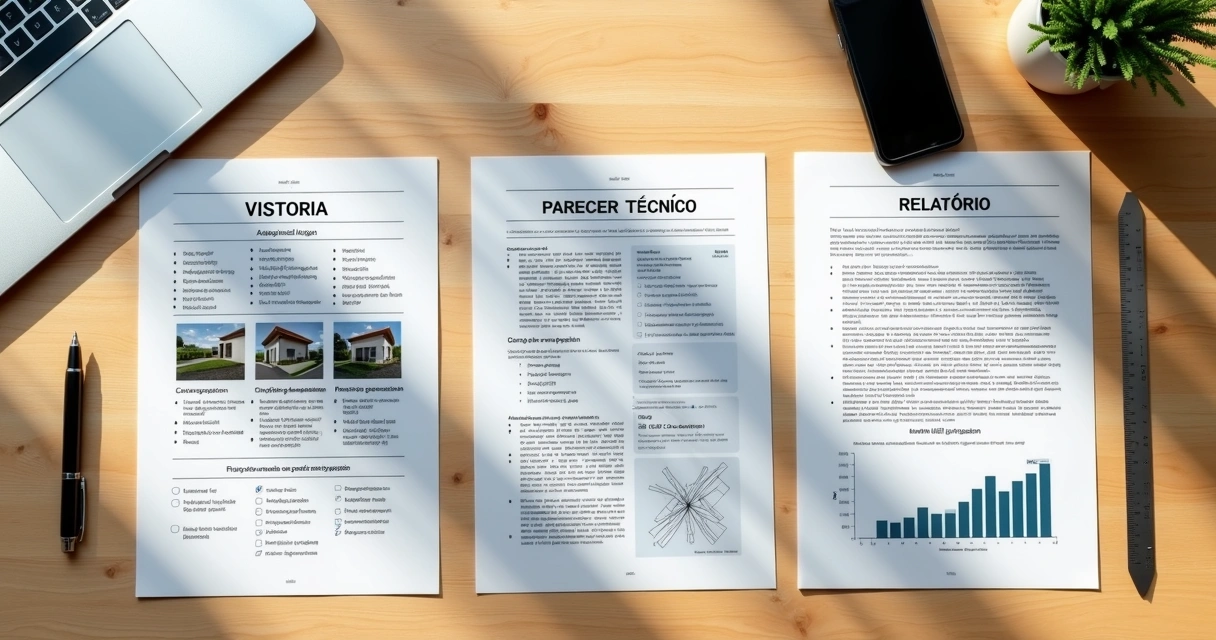 Três documentos técnicos imobiliários diferentes organizados sobre mesa de madeira