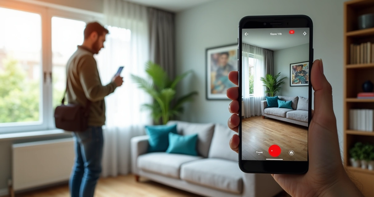 Divisão visual entre vistoria imobiliária presencial e por vídeo na mesma sala de estar