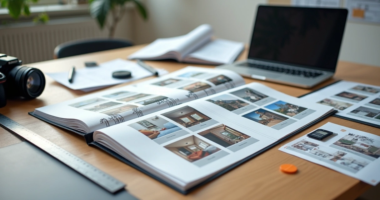 Mesa com dossiê fotográfico impresso de vistoria imobiliária organizado por ambientes