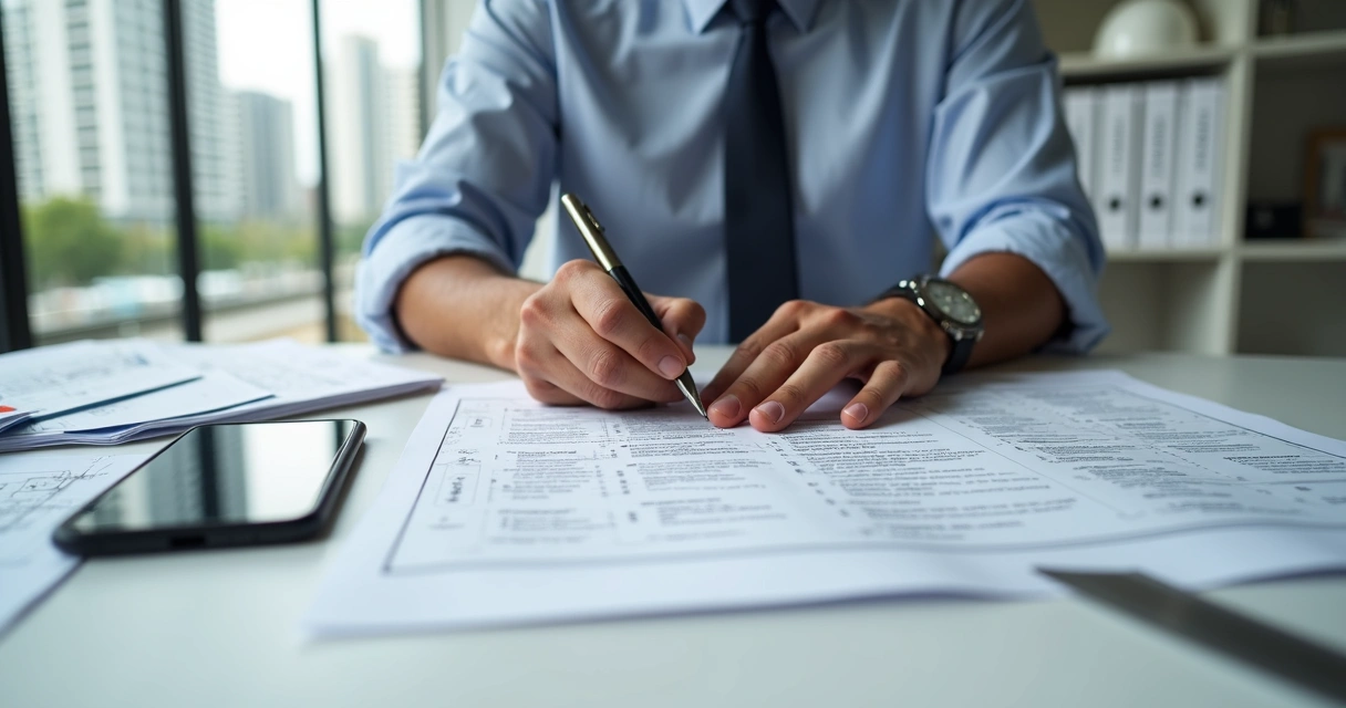 Engenheiro concentrado anotando objeção técnica em relatório impresso