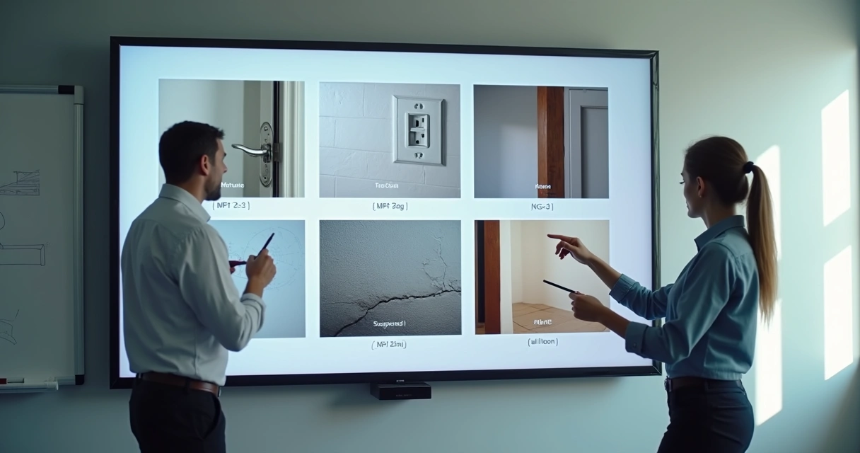 Grade de fotos de vistoria de imóvel exibindo diferentes cômodos com anotações técnicas