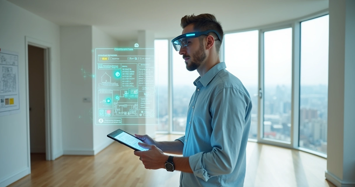 Vistoriador em apartamento usando óculos de realidade aumentada para conferir laudo digital