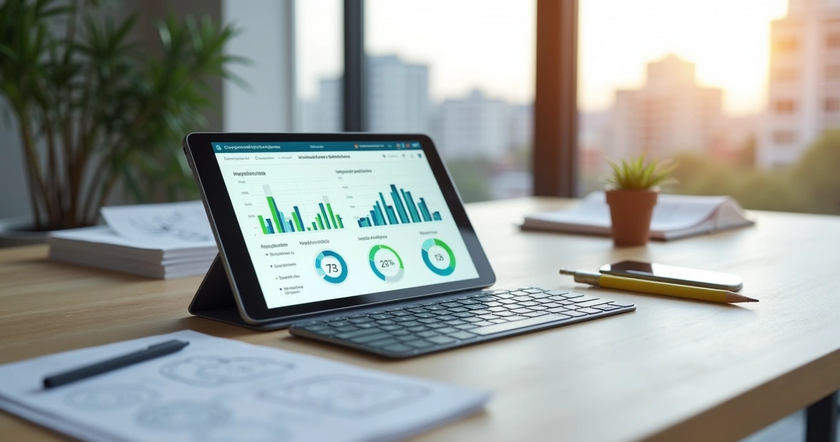 Painel com indicadores de desempenho de vistoria imobiliária em tablet sobre mesa de trabalho