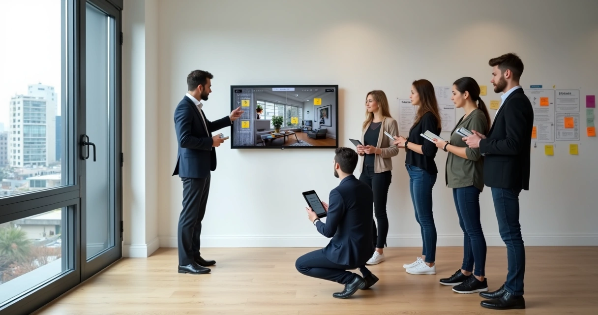 Treinador mostrando detalhes de vistoria para grupo de novos vistoriadores em apartamento vazio