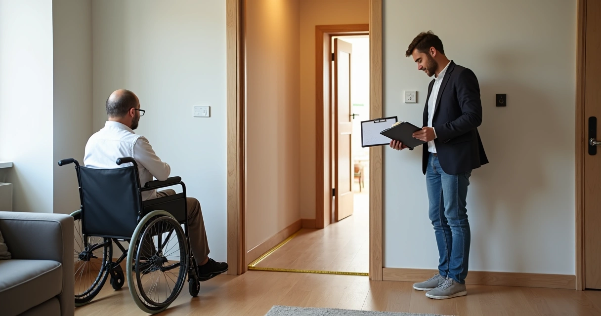 Profissional avaliando acessibilidade em sala acessível com pessoa em cadeira de rodas
