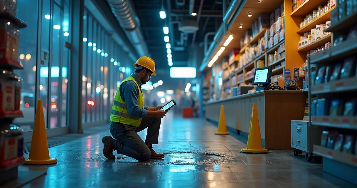 Técnico de vistoria avaliando infiltração em loja comercial durante emergência noturna