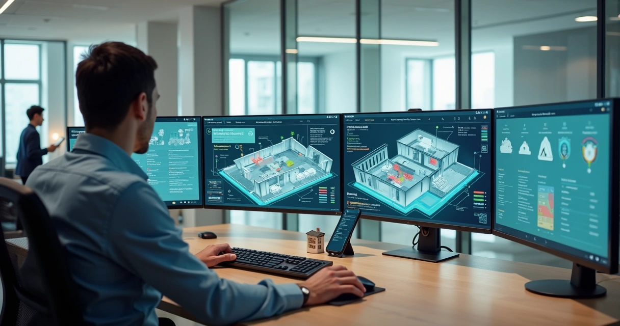Profissional acompanha vistoria de imóvel em tela com planta digital e automação
