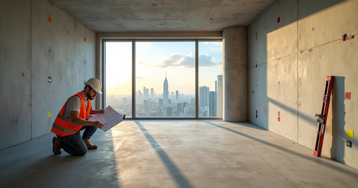 Engenheiro conferindo detalhes em apartamento na planta em construção