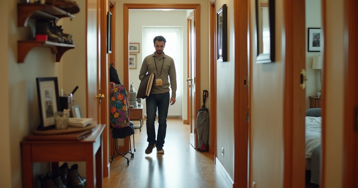 Vistoriador entrando em corredor de apartamento ainda mobiliado