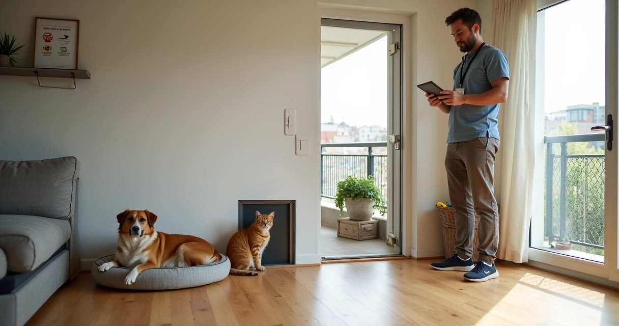 Vistoriador analisando sala de apartamento adaptada para pets