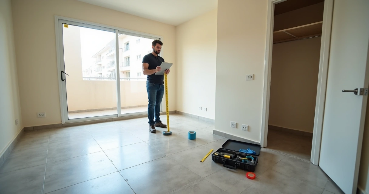 Profissional conferindo estado de sala vazia antes de devolução de imóvel