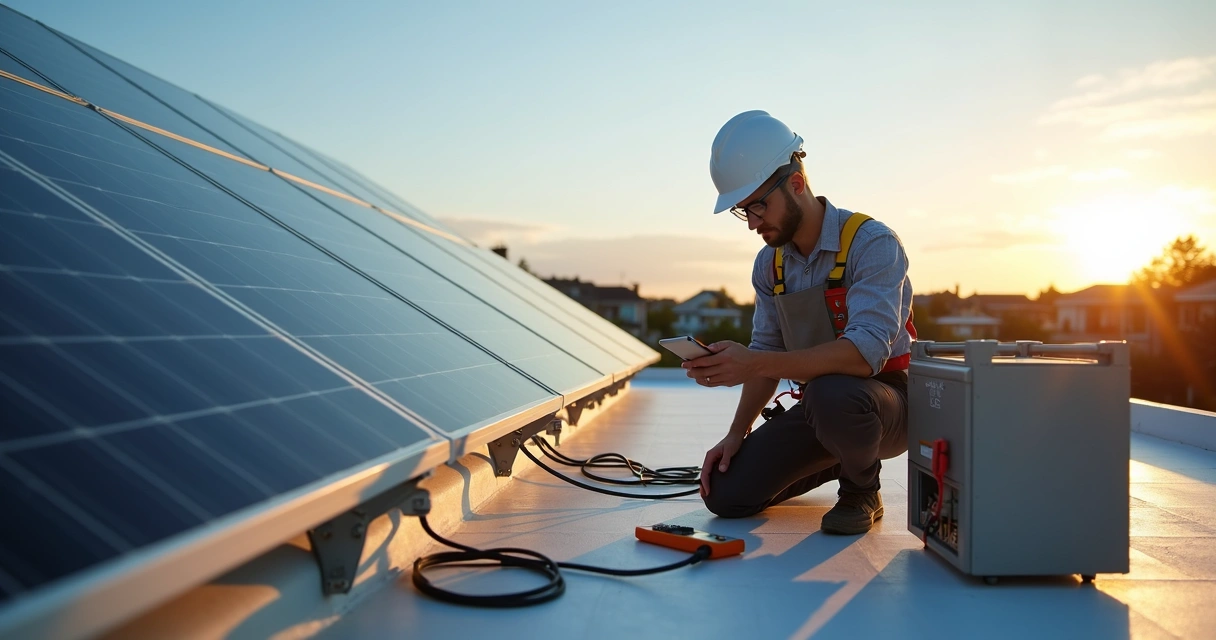Vistoriador avaliando sistema de energia solar em telhado de casa