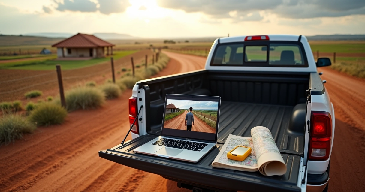 Vistoriador analisando propriedade rural por videochamada em laptop na carroceria de caminhonete