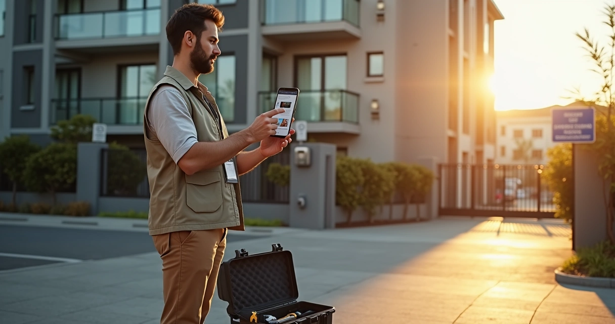 Profissional segurando smartphone com aplicativo de vistoria em frente a prédio residencial