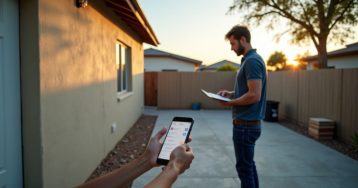 Vistoriador consultando app de vistoria offline em quintal de casa
