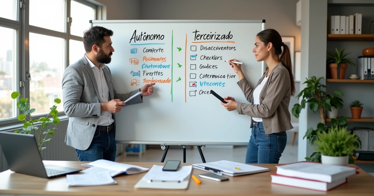 Dois vistoriadores de imóveis lado a lado comparando opções de trabalho em um quadro dividido