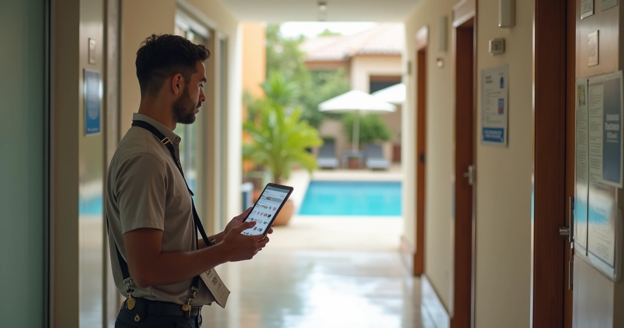 Vistoriador usando tablet em corredor de condomínio clube com área de lazer ao fundo