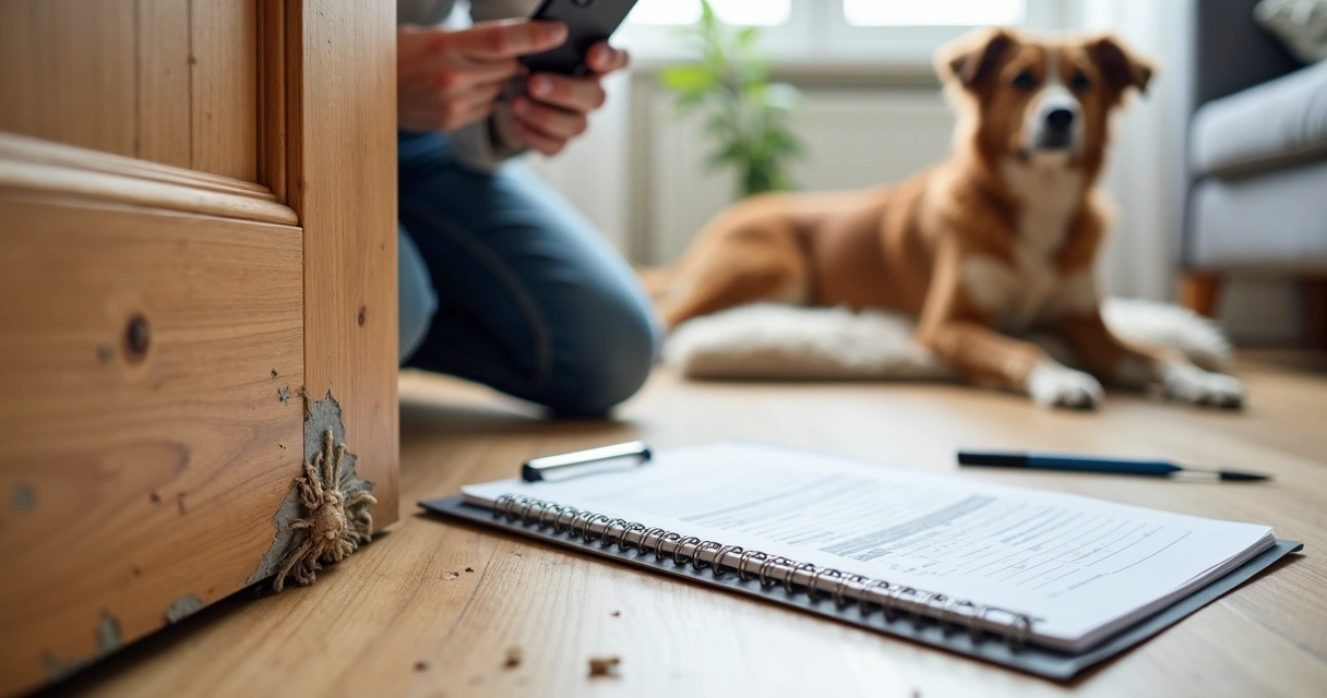 Vistoriador fotografando danos de pet em porta de sala com cachorro ao fundo