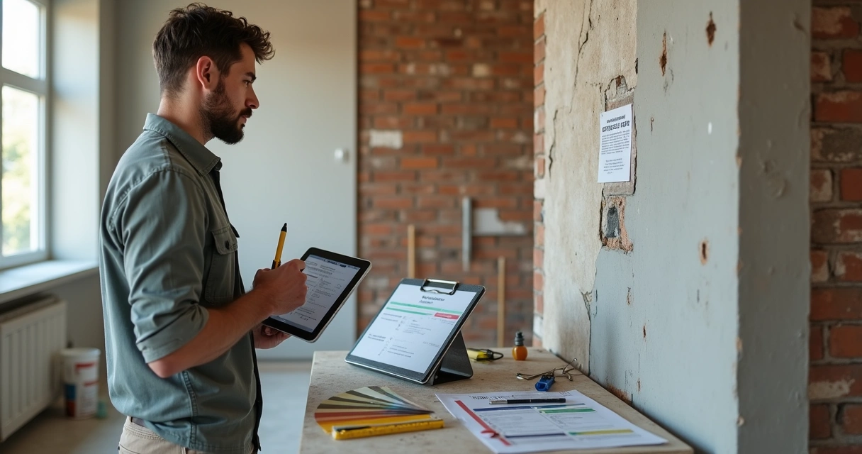 Vistoriador conferindo placa de material em obra com tablet na mão