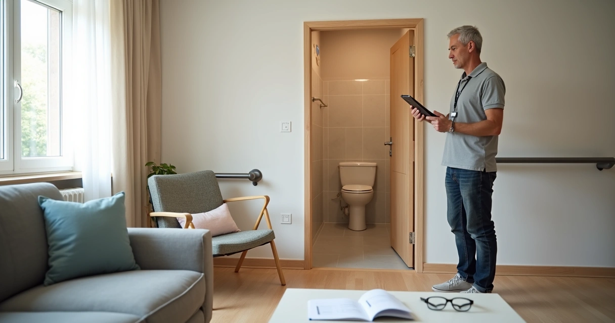 Vistoriador avaliando sala adaptada para idosos com vista para banheiro acessível ao fundo