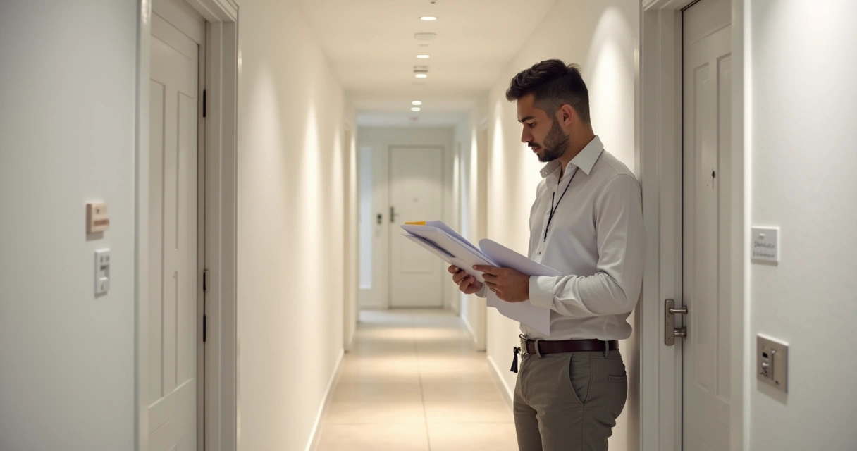 Vistoriador inspecionando corredor de imóvel recém-construído com checklist em mãos