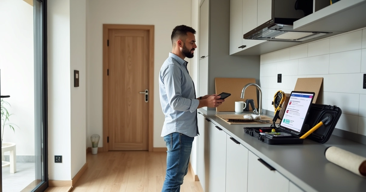 Vistoriador analisando detalhes de apartamento recém-reformado com tablet na mão