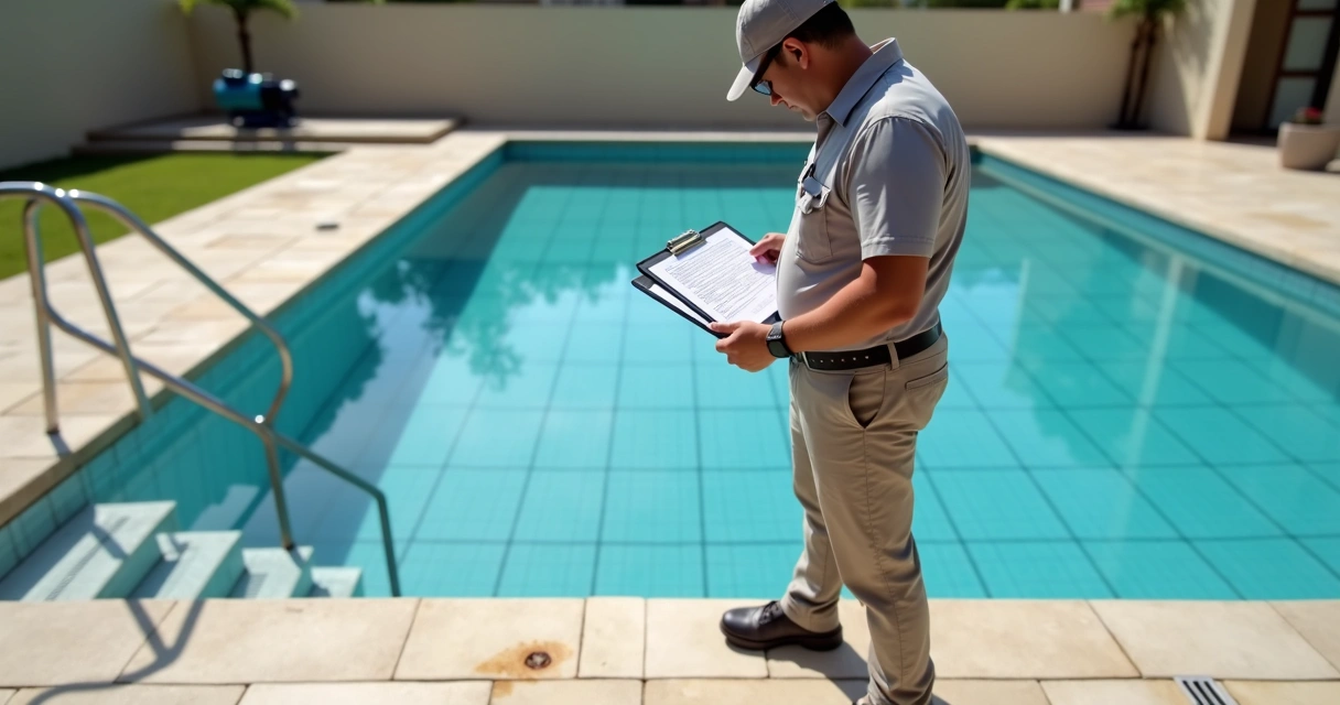 Vistoriador examinando piscina residencial com checklist nas mãos