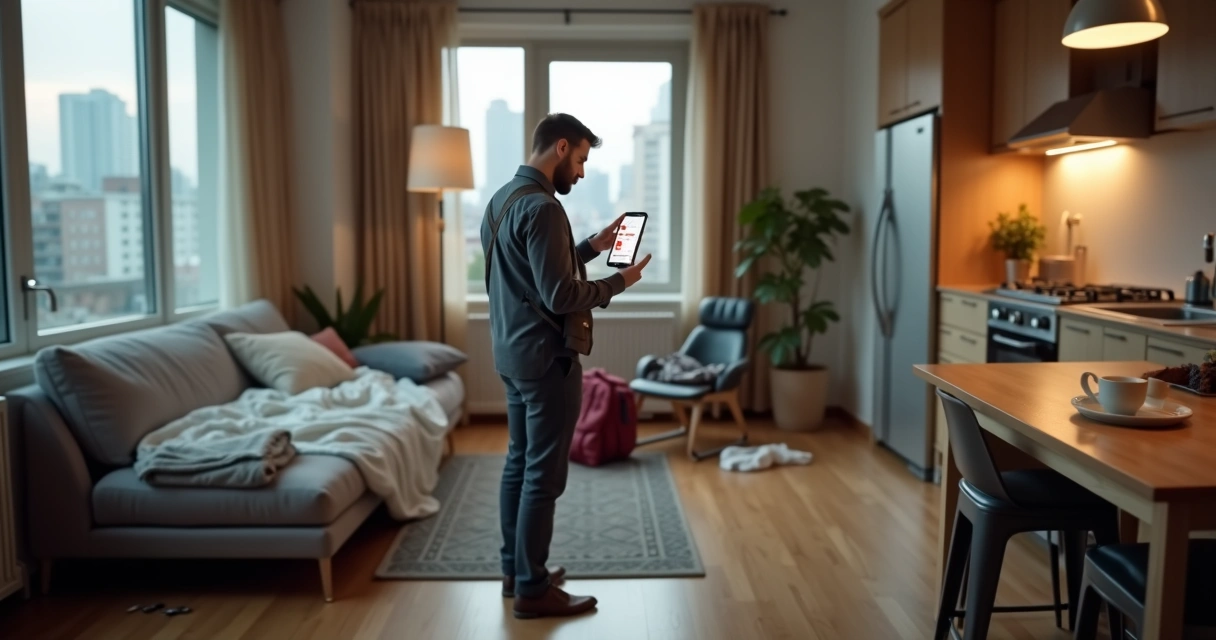 Vistoriador registrando detalhes de sala integrada enquanto segura smartphone com plataforma de aluguel aberta