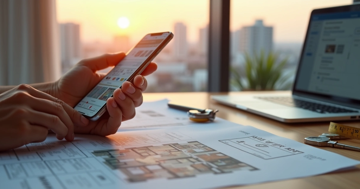 Vistoriador comparando aplicativos de vistoria imobiliária em smartphone sobre mesa com plantas e chaves