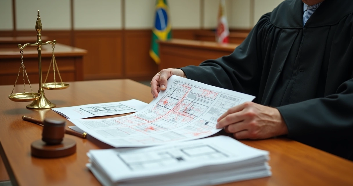 Juiz segurando laudo de vistoria com marcações em sala de audiência