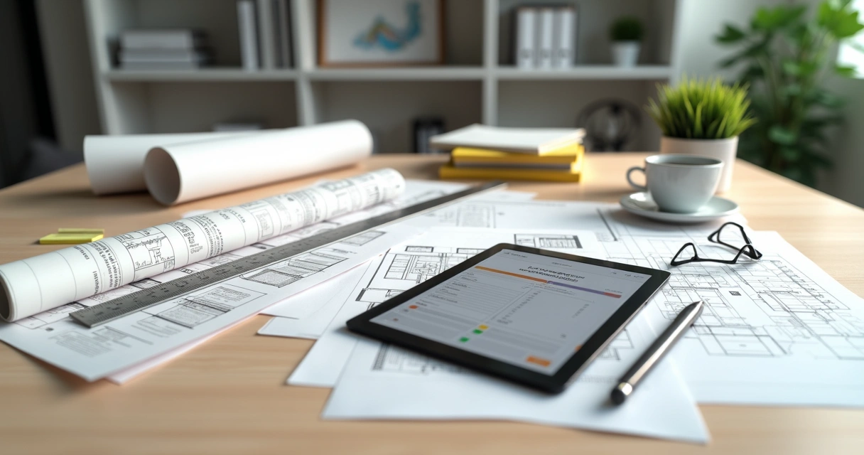 Mesa de escritório com plantas, normas técnicas impressas e tablet aberto em checklist de vistoria