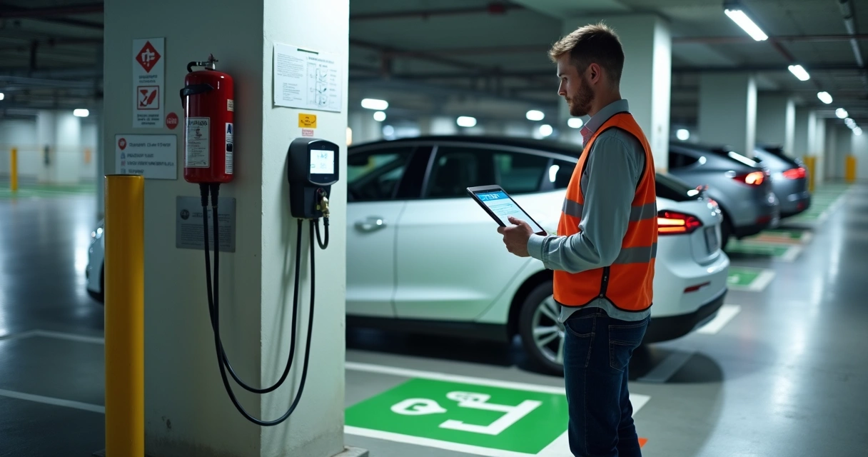 Vistoriador avaliando estação de recarga para carro elétrico em garagem de prédio