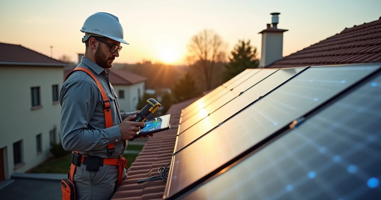 Técnico vistoriando painel fotovoltaico em telhado de casa