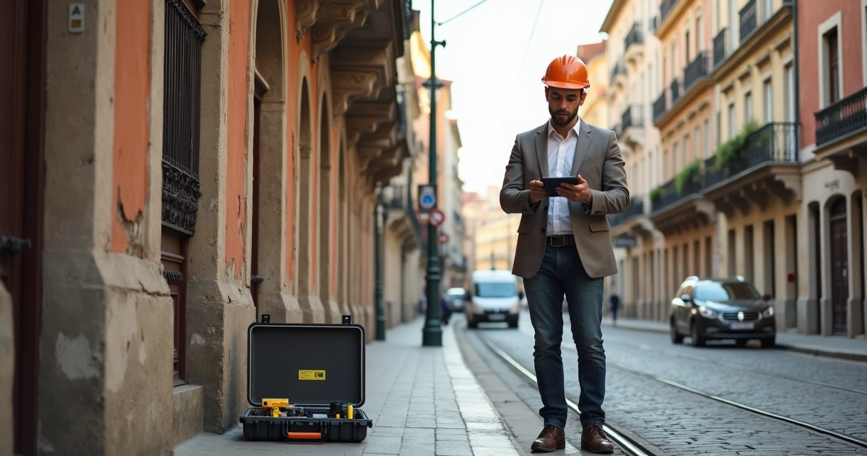 Vistoriador analisando fachada de prédio histórico no centro urbano