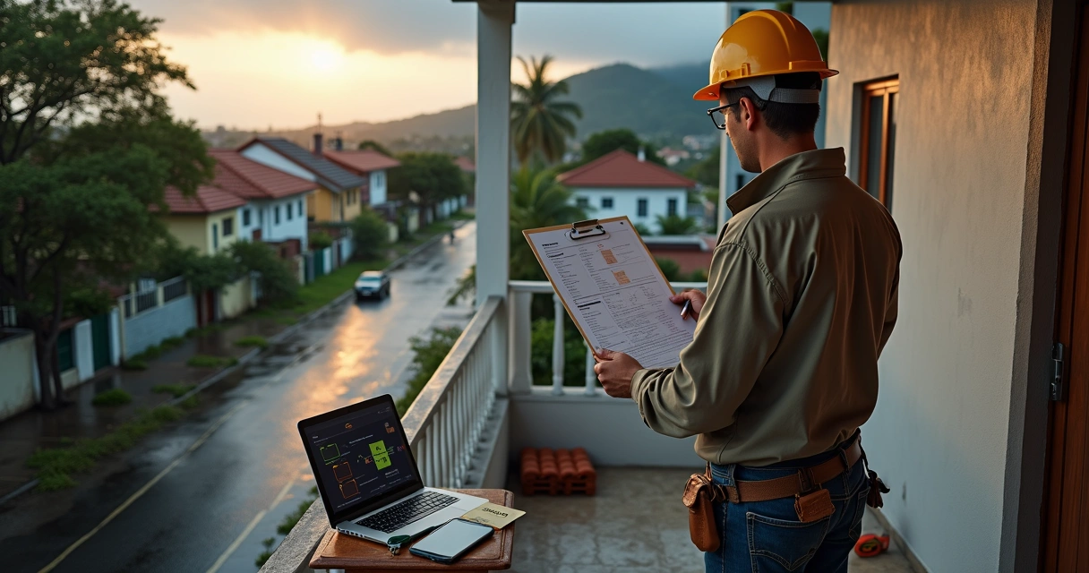Vistoriador checando checklist em área residencial após evento climático extremo
