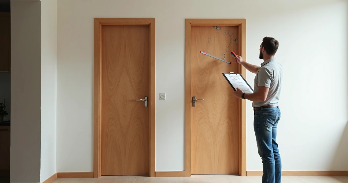 Vistoriador comparando danos em duas portas internas lado a lado