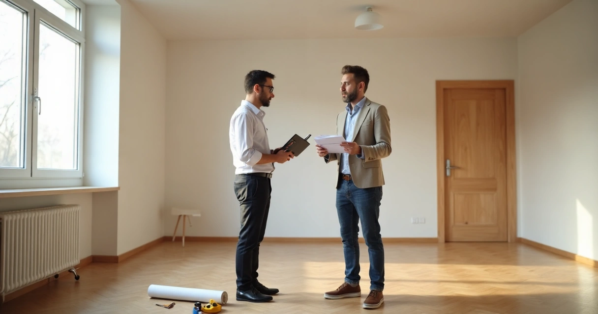 Vistoriador conversando com proprietário em sala vazia com prancheta na mão