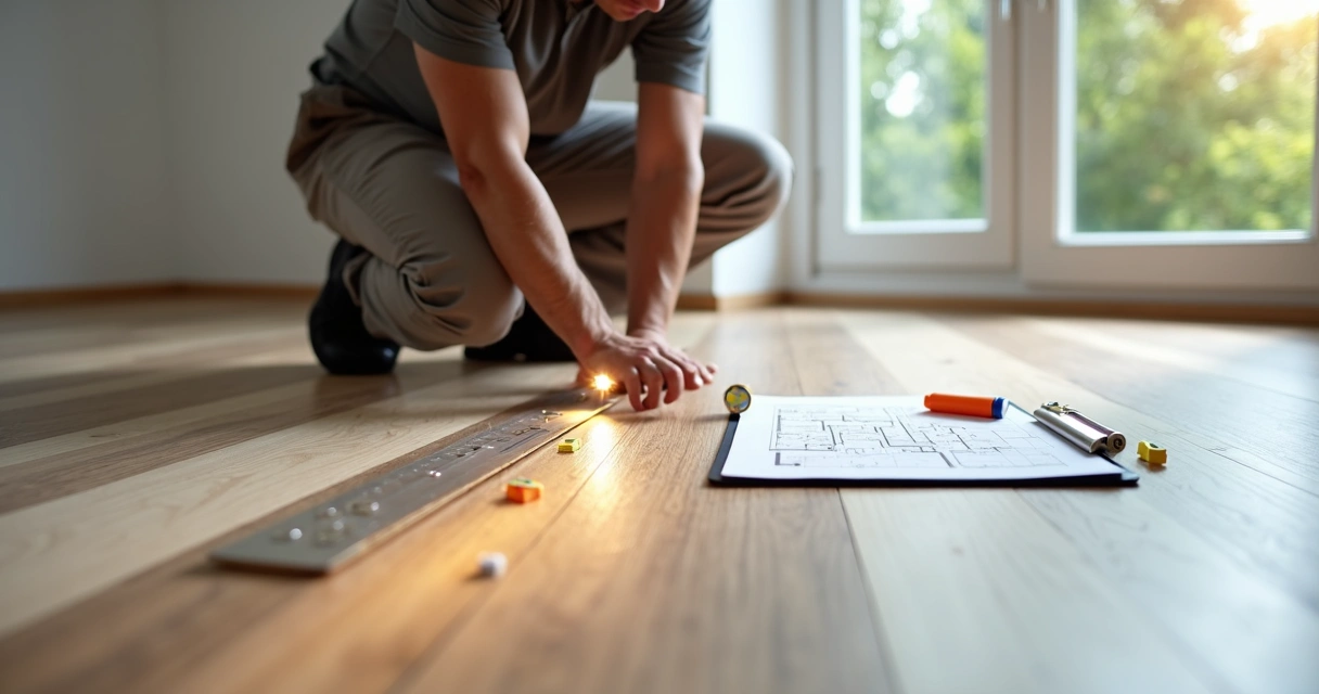Vistoriador agachado analisando juntes de piso vinílico e laminado lado a lado